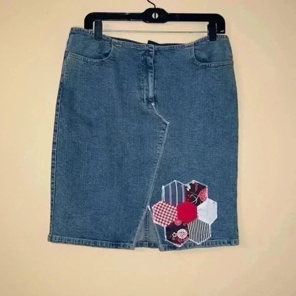 INC Denim Jean Skirt Floral Patchwork Detail Size 10